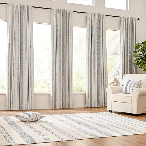 Miniatura 2 de jinchan - Cortinas 100% blackout de 84 pulg de largo pdormitorio, estampado geométrico azul sobre beige, con trabillas traseras, oscurecimiento de
