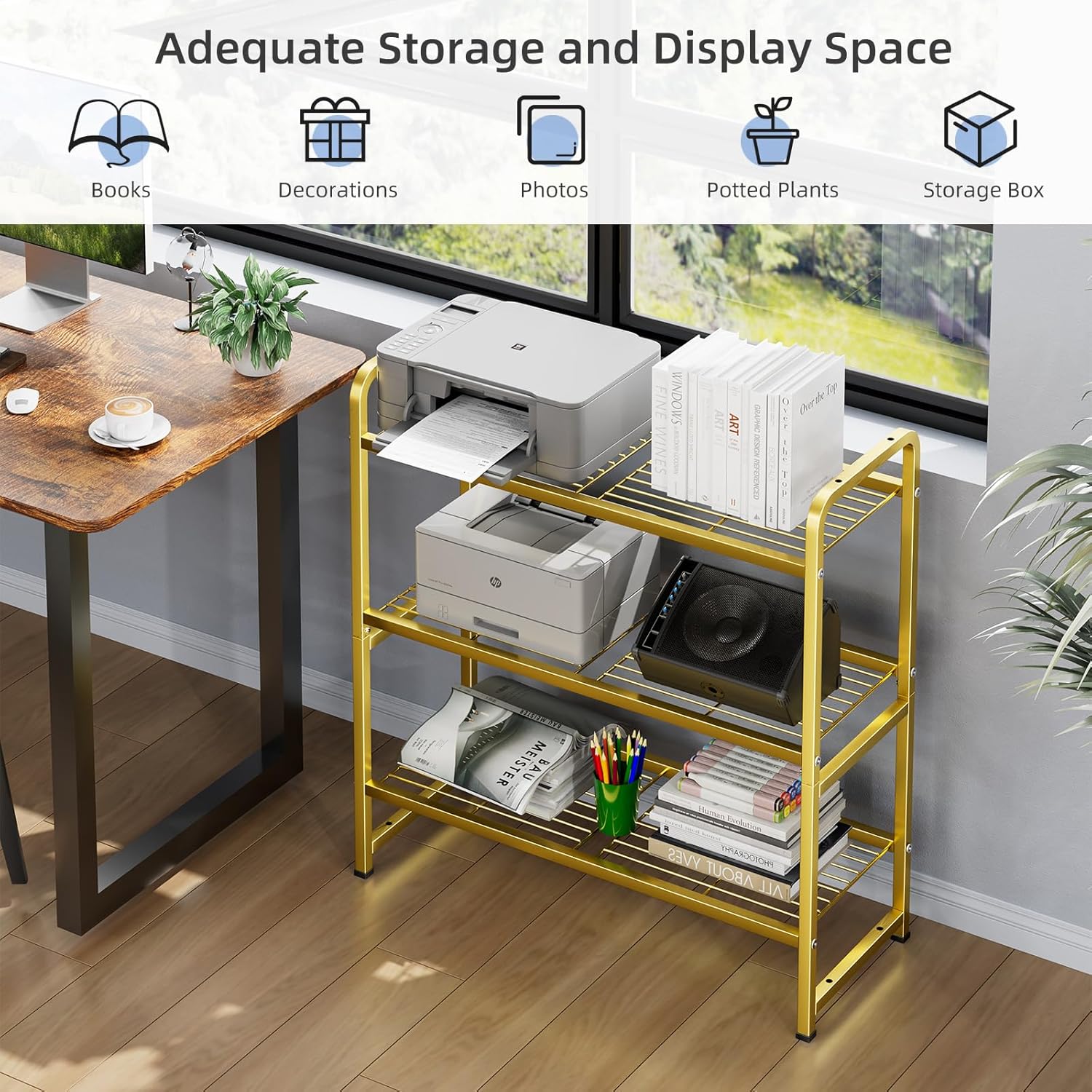 3 Tier 30" Wide Metal Wire Shelf, Stackable & Adjustable Gold Utility Shelves for Pantry, Garage, Closet Storage