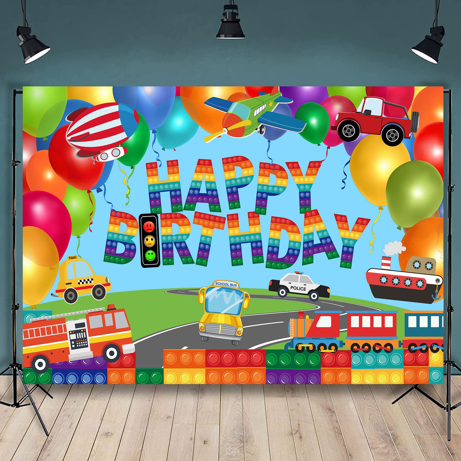Photo 1 of Pop Toys Birthday Party,Birthday Backdrop for Boys Pop Fidget Pop Push Toy Party Banner Transportation Traffic Background for Girl Car Bus Train Plane Ship Automobile Theme Party CakeTable Decor 5x3Ft