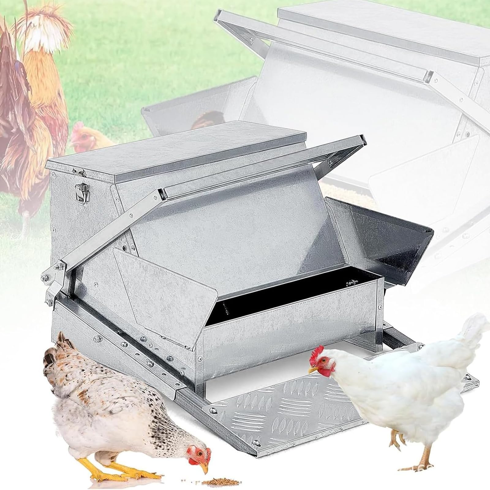 Comedero automático para aves de corral, tapa resistente a la intemperie, capacidad de 25 libras, alimenta de 6 a 12 pollos hasta 7 días, reduce los residuos, ideal para criar bantamos, codorniz