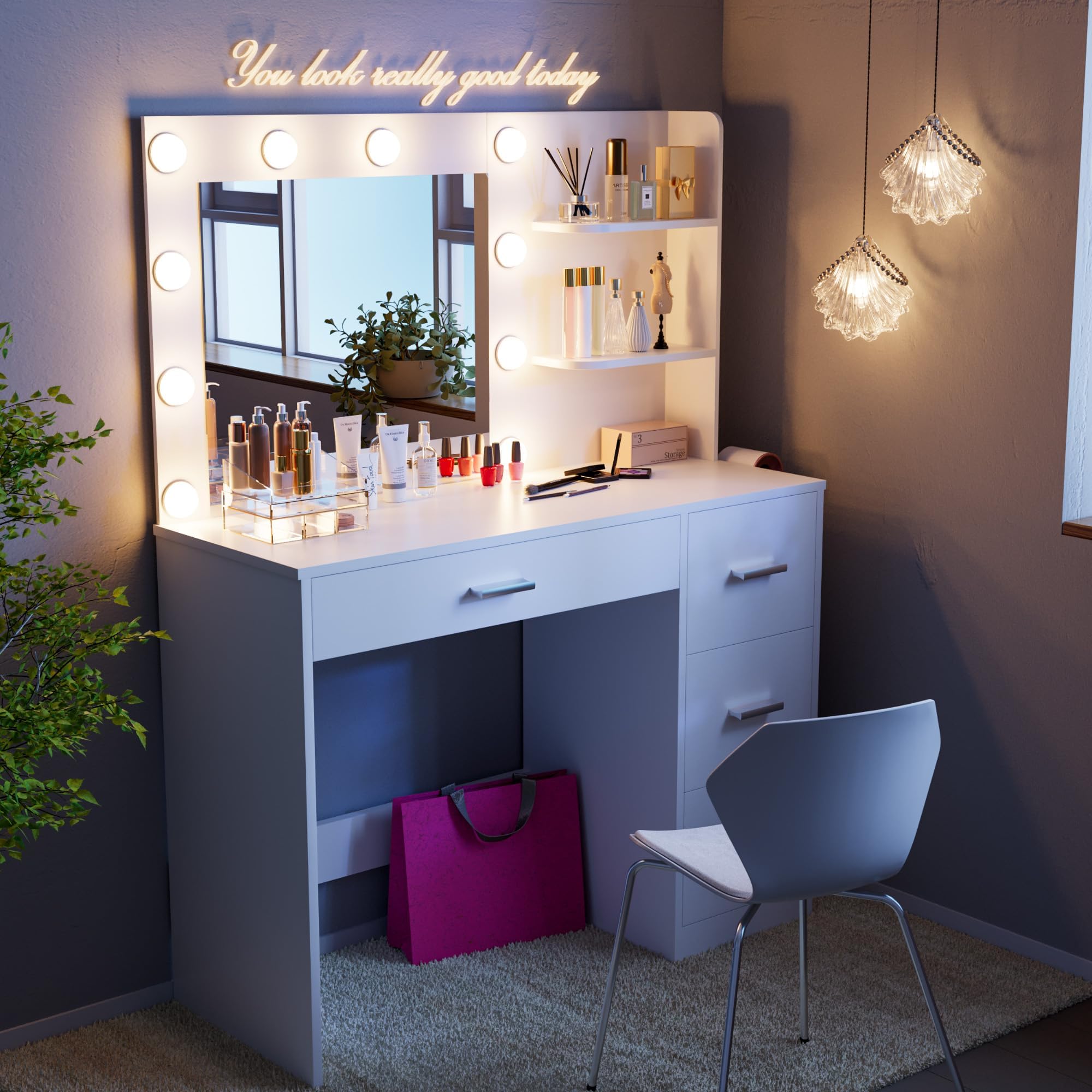 35.4" Vanity Desk with Mirror & Power Outlet, Makeup Vanity Table with 4 Large Drawers and 3 Storage Shelves, 3 Model Adjustable Lights for Bedroom & Dressing Room (White)