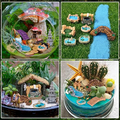 Miniatura 3 de 15 piezas de accesorios de jardín de hadas en miniatura, mini figuras de puente de pozo de agua de faro, macetas de estanque en miniatura,