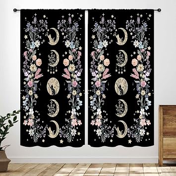 Floral Moon Phase Curtains,Wildflower Floral Green Plant Botanical Mystic Witchy Gothic Black Cat Moon Phase Retro Mysterious Window Drapes Treatments for Kitchen Bedroom Living Room,42X45 Inch