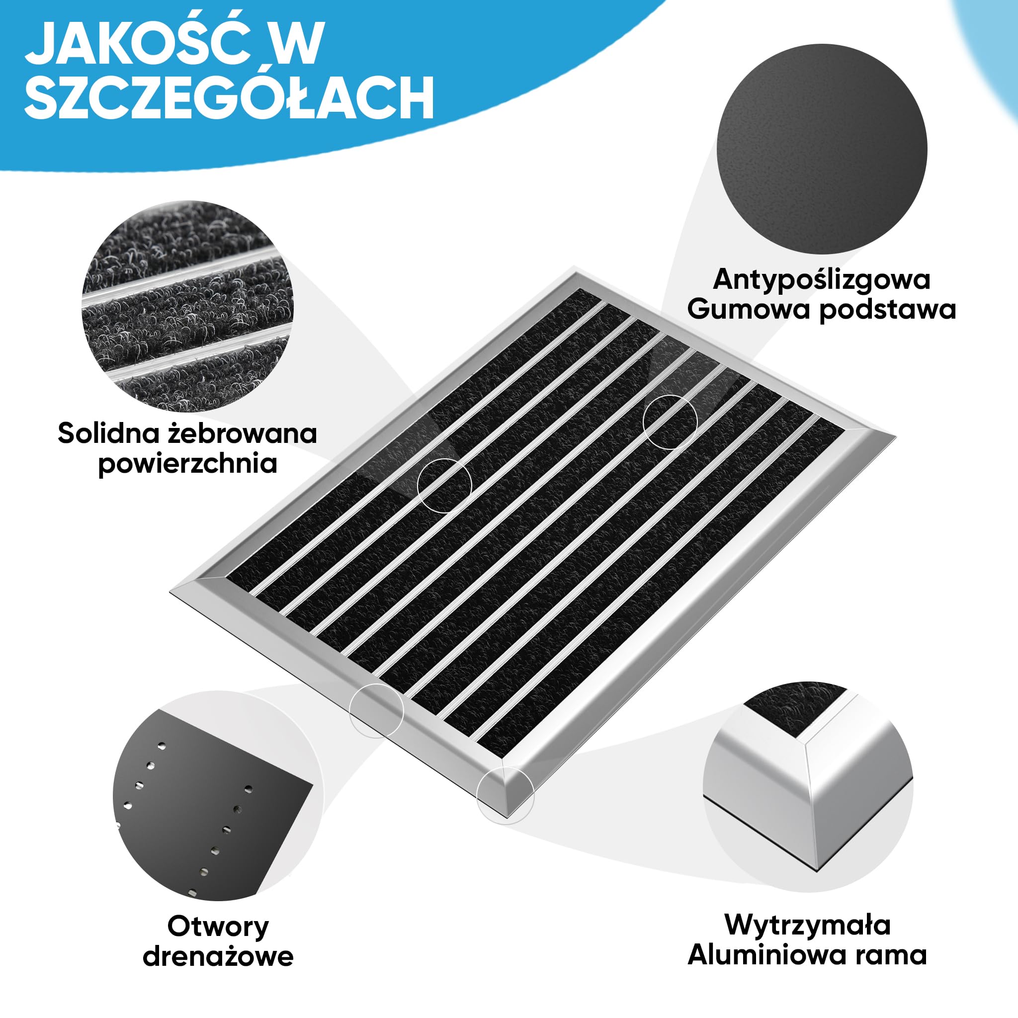 WEST&EAST aluminiowa wycieraczka 40x60 cm, wycieraczka do użytku na zewnątrz z aluminiową ramą w kolorze srebrnym i powierzchnią z polipropylenu, wycieraczka do butów, maty do wejścia
