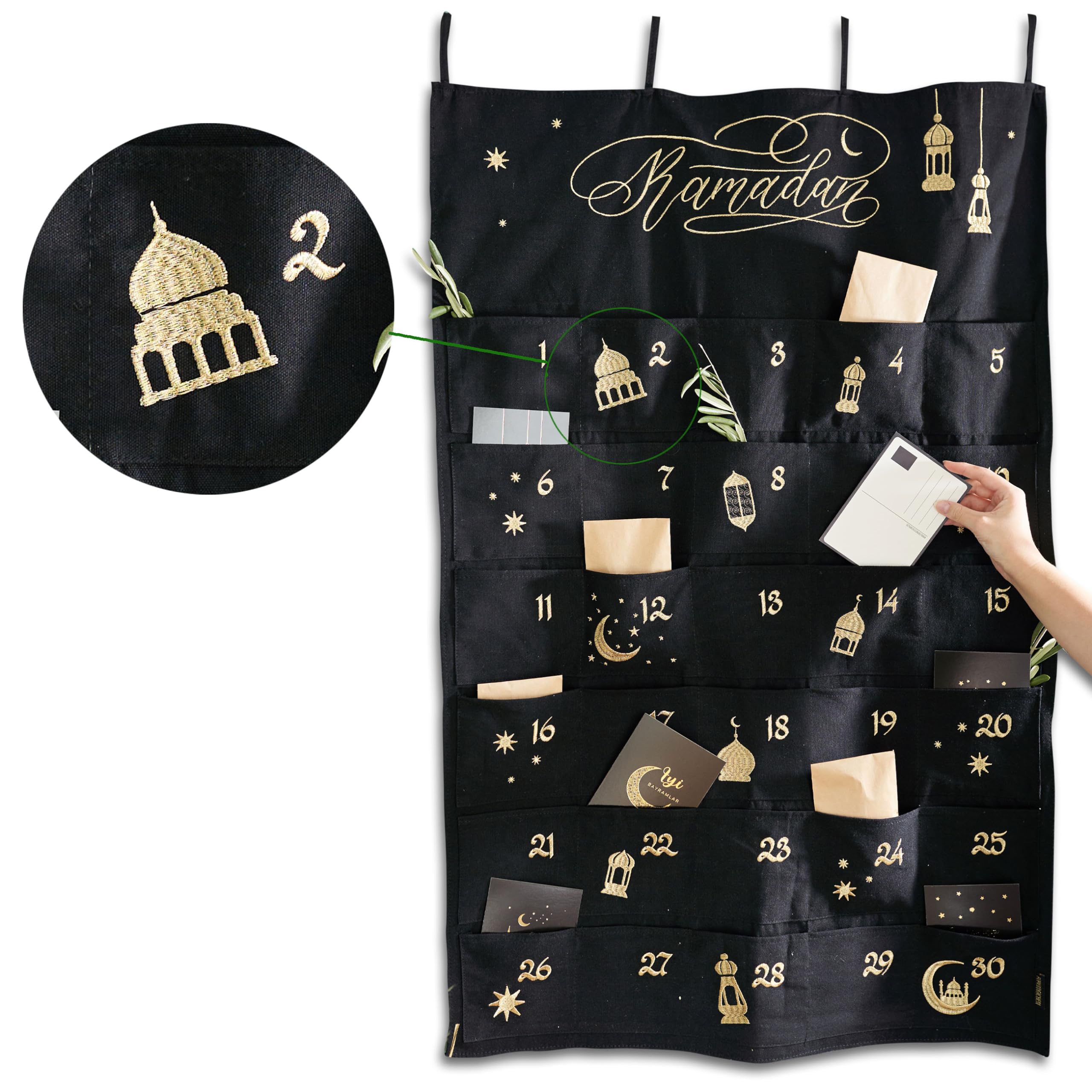 Papierdrachen Ramadan Calendar as a Wall Calendar Made of Fabric for Filling, Black, High-Quality Embroidered, Fabric Bag