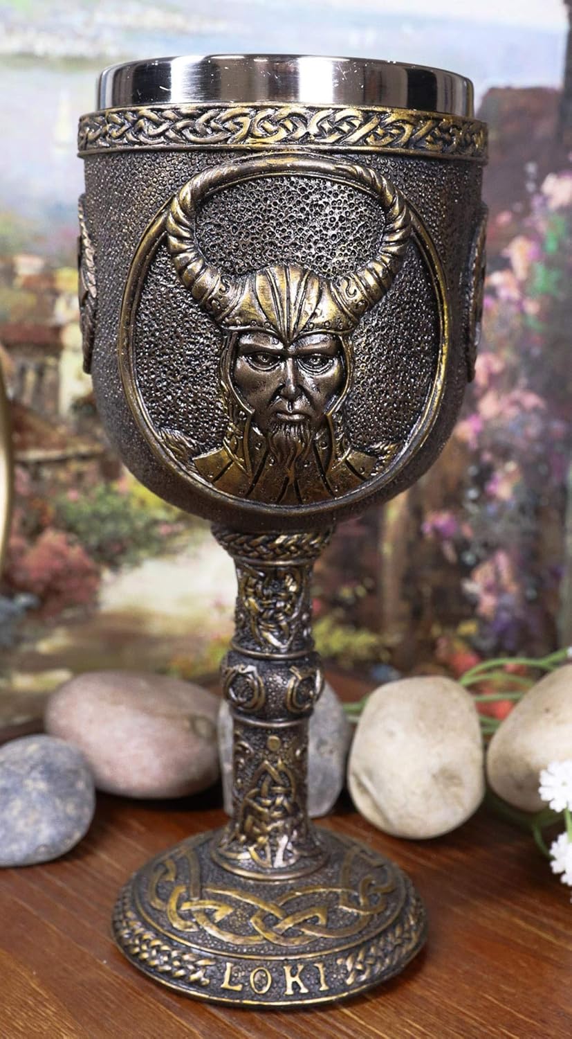 Ebros Norse Mythology Shapeshifter Trickster God Jotunn Loki 6oz Resin Wine Goblet Chalice With Stainless Steel Cup Liner Norselandic Viking Warrior Gods Odin Thor Vegvisir Compass Design