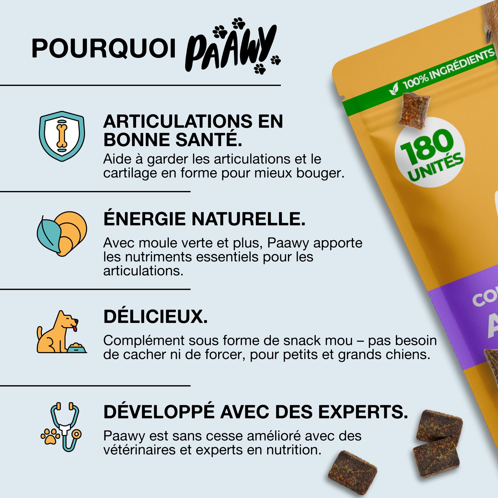 Articulation Chien | Test Tres Bien 2025 | Délicieux Complément Alimentaire pour Arthrose Chien | Glucosamine, Chondroïtine, Harpagophytum & Moule Verte | Mobilité & Anti-Arthrose | 180 Snacks