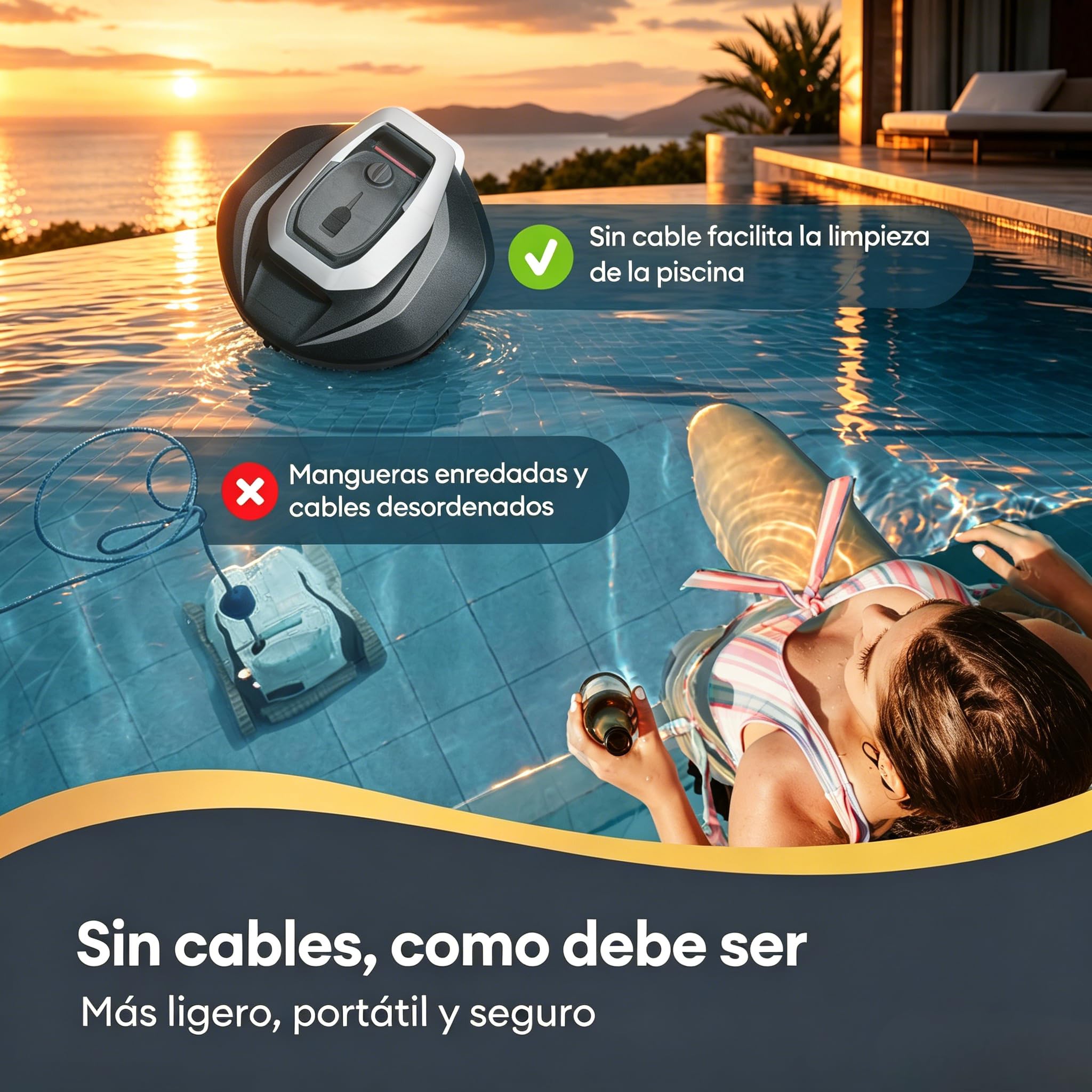 Robot Limpiafondos Piscina Inalámbrico con Flotador, Recogida sin Poste, 2 Motores, 90Min, 80m², Autoaparcamiento Inteligente, Diseño Biónico, Fácil de Usar para Piscina Elevada y Enterrada