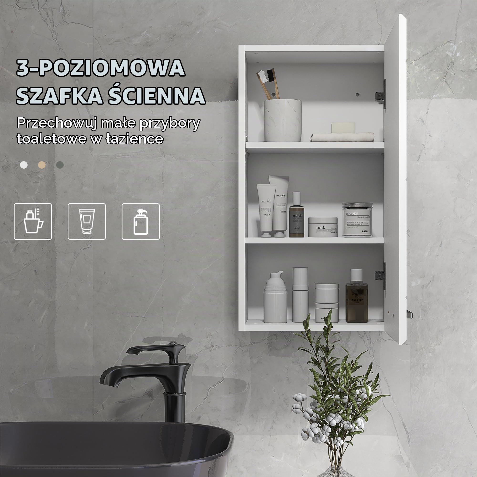 kleankin Szafka ścienna łazienkowa, 3-poziomowa szafka do przechowywania toalety, regulowana półka, 1 drzwi, nowoczesna, wisząca szafa, 37 x 22,5 x 70 cm, wysoki połysk biały