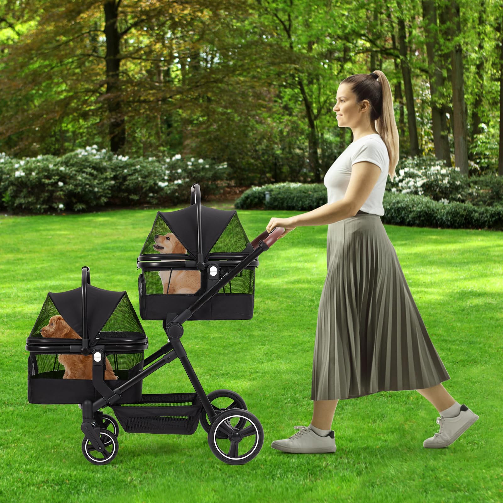 Carrito doble para mascotas 2 en 1, 3 en 1, con bolsa de transporte y asiento de coche, cochecito plegable para mascotas con capacidad de 50 LBS y amortiguador de golpes para perros y gatos