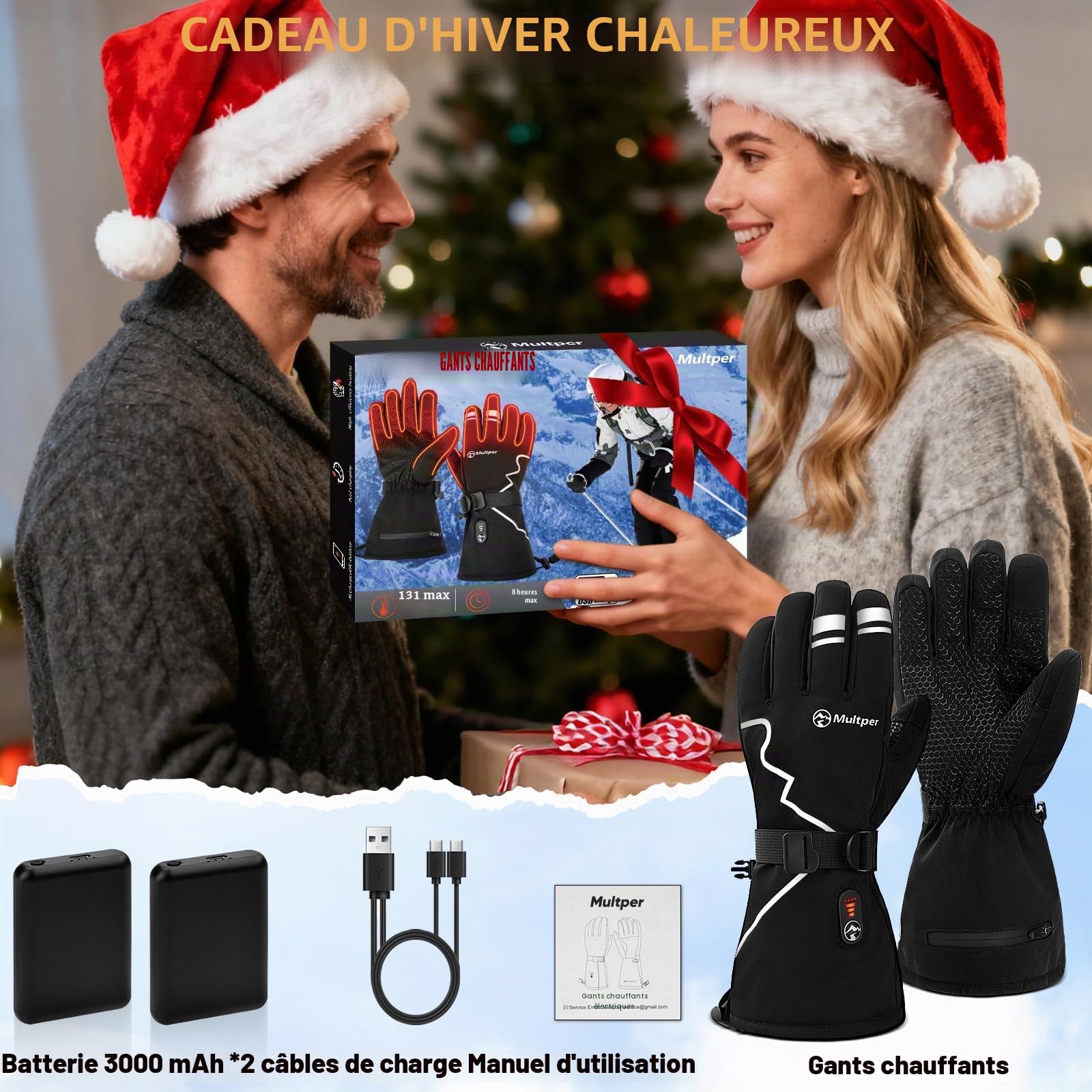 Multper Gants Chauffants Hommes Femmes, Gant Chauffant avec 7.4V 3000mAh × 2, 3 Niveaux de Chauffage, Imperméables, Écran Tactile, Gant Moto, Gant Hiver pour Hiver, Ski, Randonnée, Cadeau Homme