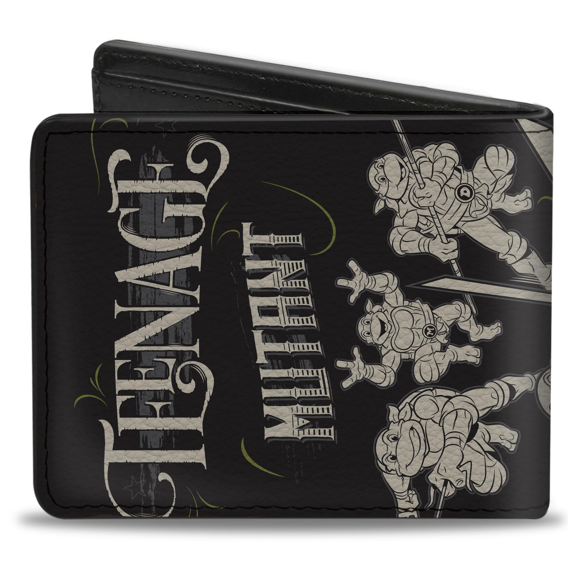 Nickelodeon Wallet, Bifold, Ninja Turtles Est. 1984 Action Poses Black White, Vegan Leather