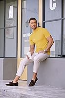 Vista 4 de COOFANDY Suéter de cuello alto falso para hombre, de manga corta, color sólido, básico, ajustado, de punto