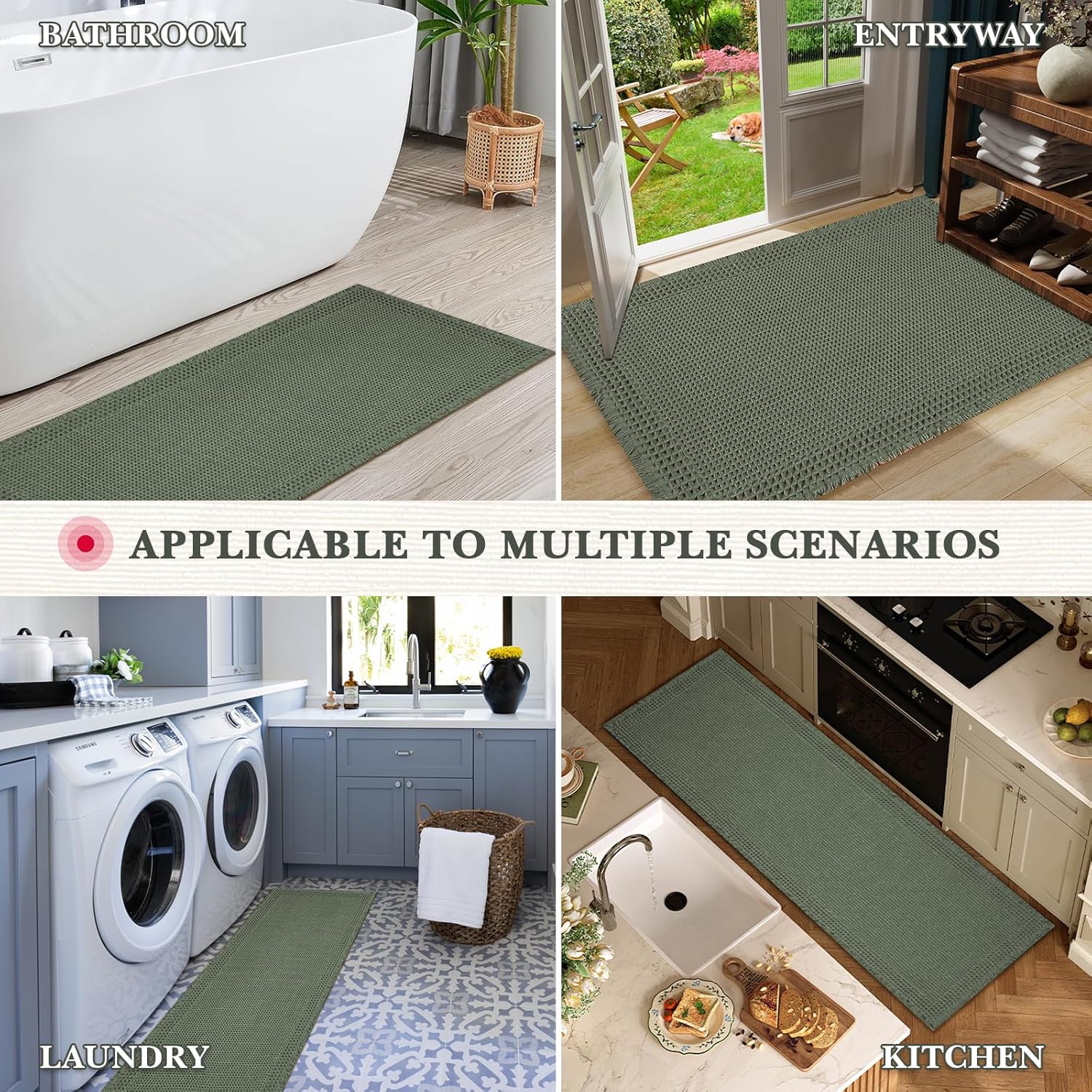 Waffle Bath Mat, Modern Woven Absorbent Non Slip Bathroom Rugs, Machine Washable Bath Rugs, Quick-Drying Bathroom Mats, Boho Tassel Style Suitable For Bathroom Floor, Green, 24"X17"+36"X24"+48"X24"