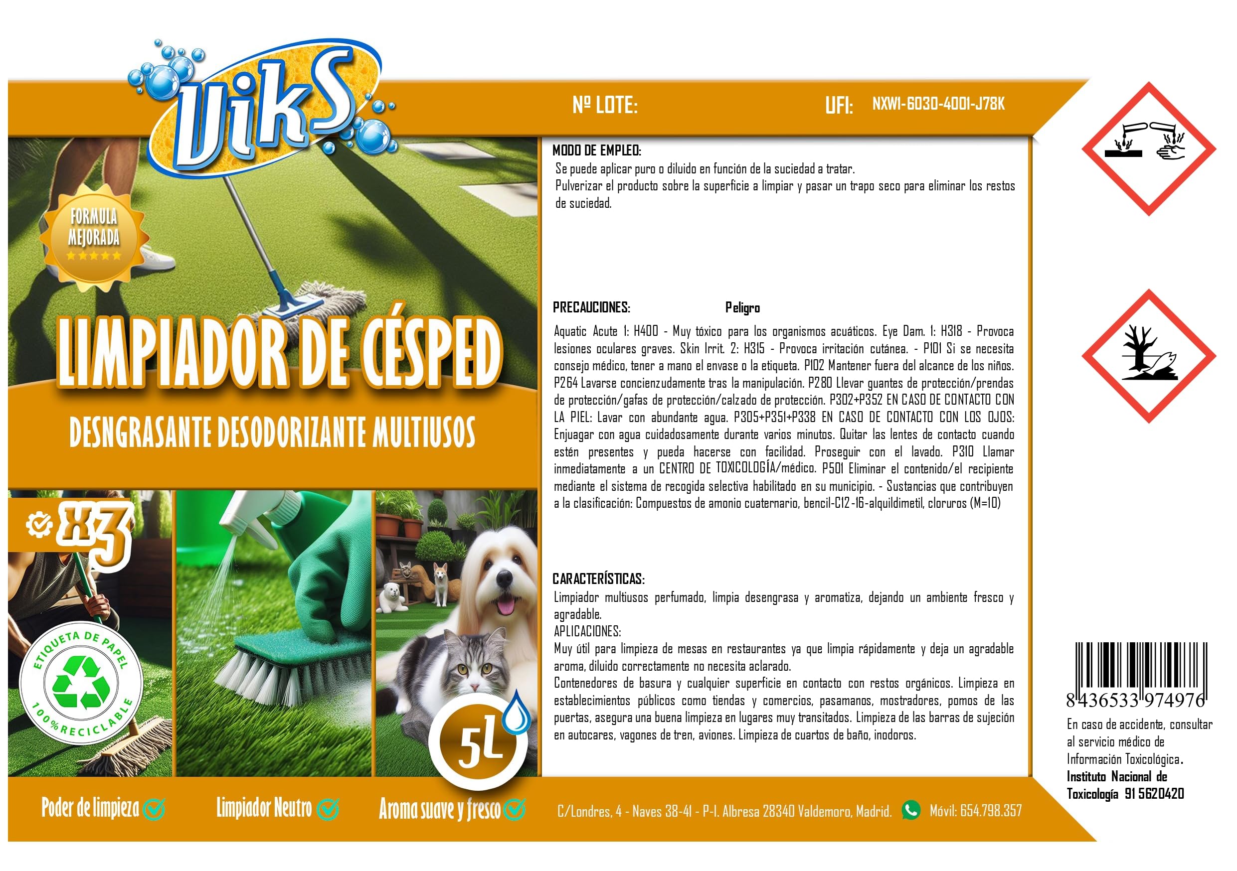 Viks | Nettoyeur de gazon artificiel et de haies | Traitement désodorisant | Nettoie le gazon artificiel, dégraisse et parfume | Ménage les surfaces | 5 litres