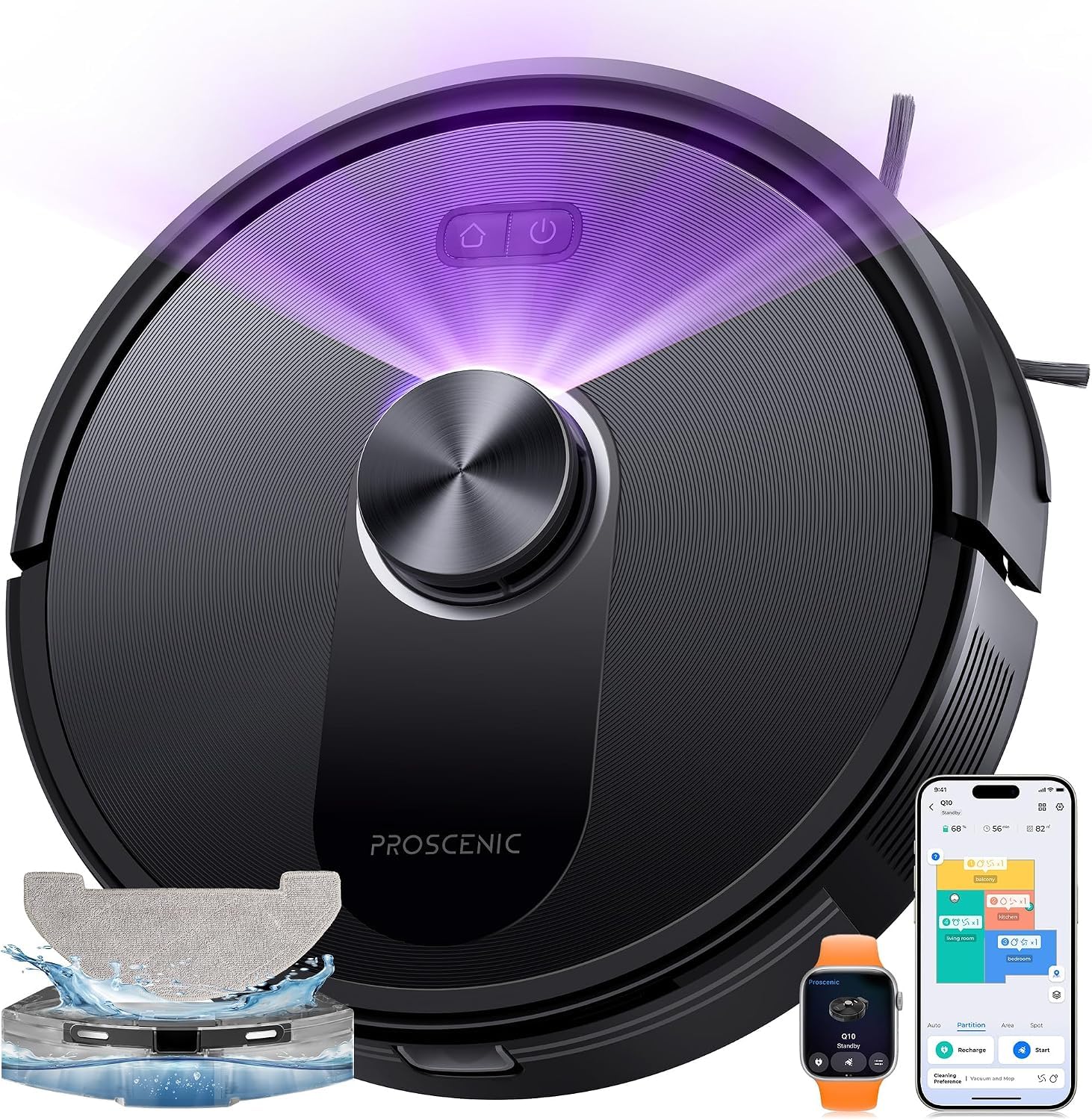 Proscenic Q10+ Robot Vacuum Cleaner with Mop, 200-Minute Runtime, 8000Pa | Lidar Navigation, Anti-Tangle Brush, Self-Charging, Voice Control, Auto Recharge and Resume, for Hard Floors and Carpet