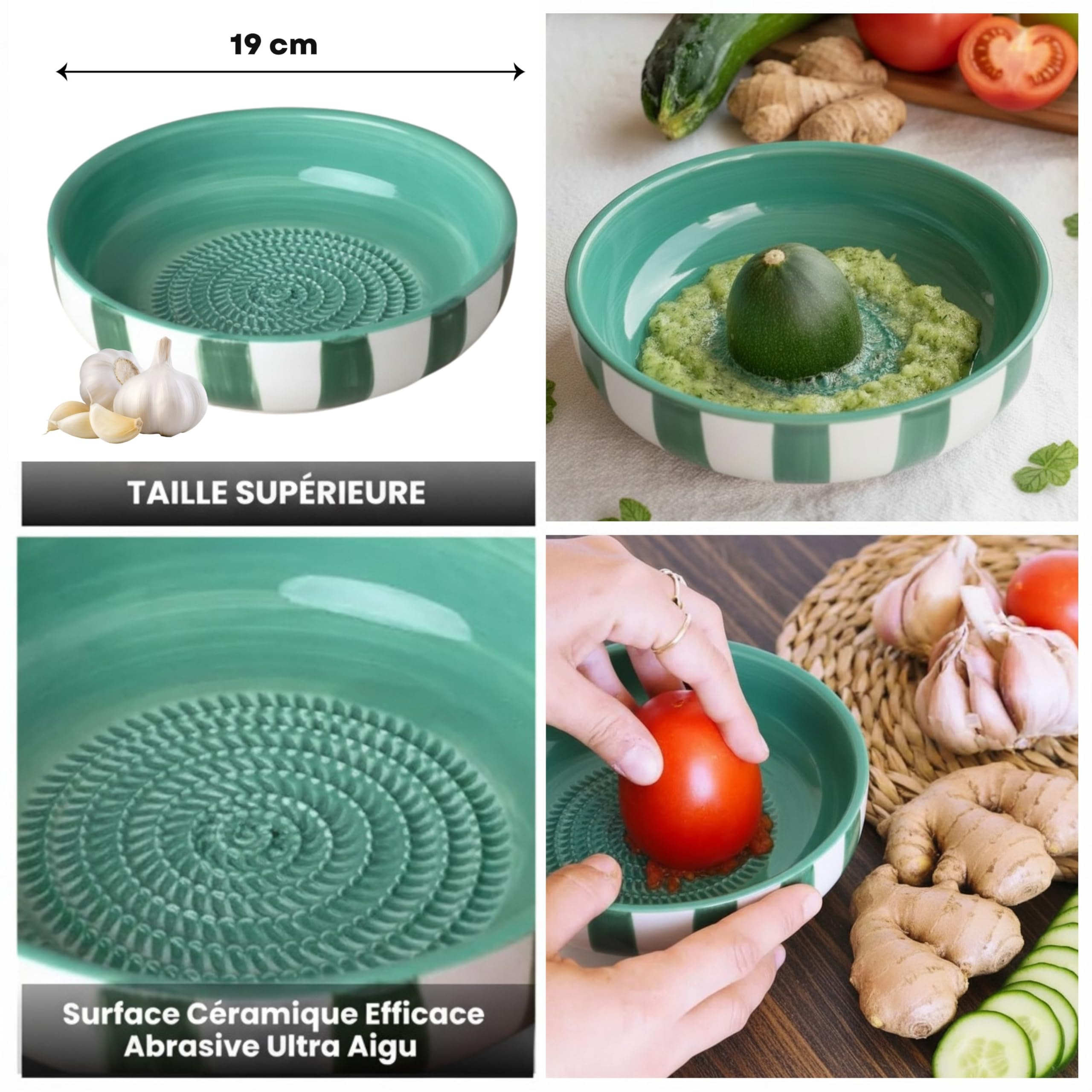Assiette Rapeuse Ail Grand Model - Râpe en Céramique - Bol à Râper Gingembre, Parmesan et Légumes - Assiette Râpe Cuisine Multifonction - Maxi Format - Fabrication Artisanale (Jade & Blanc, 19cm)