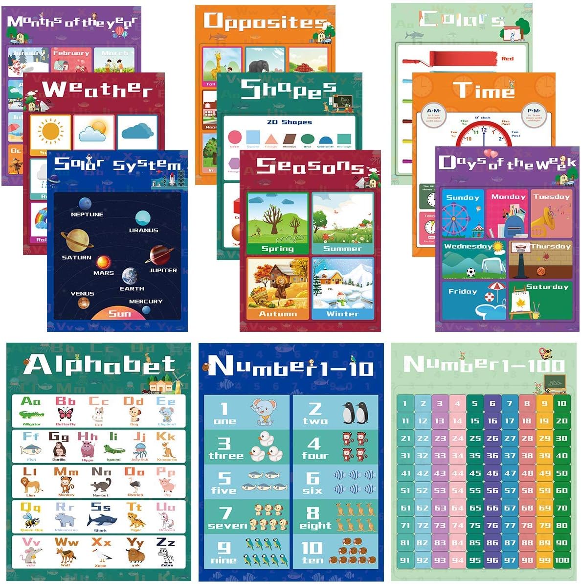 Educational Preschool Learning Posters for Toddlers, Kids Posters for Nursery Homeschool Kindergarten, Numbers Alphabet Colors Poster, Teaching Supplies for Pre-K Classroom Wall [12 Pack, 11x14 Inch]