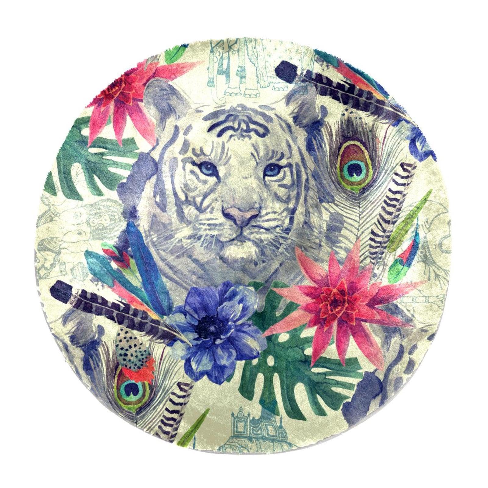 Tapis à poils longs rond pour sol froid motif tigre vintage