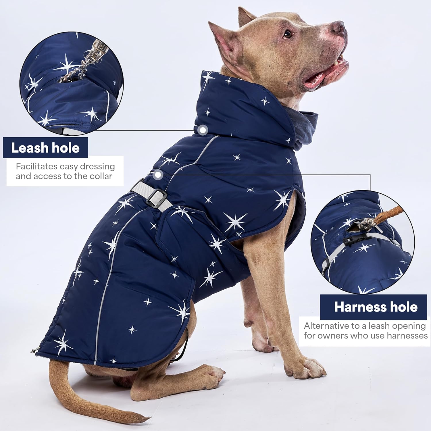 Winter Dog Vest for Medium Dogs 3XL – Cotton-Lined Dog Coat with Quick Fastex Buckle, High Stand Collar with Snood, Elastic Waist, Reflective Trim, Leash & Harness (Chest 23.62–27.55”, Length 17.7”)
