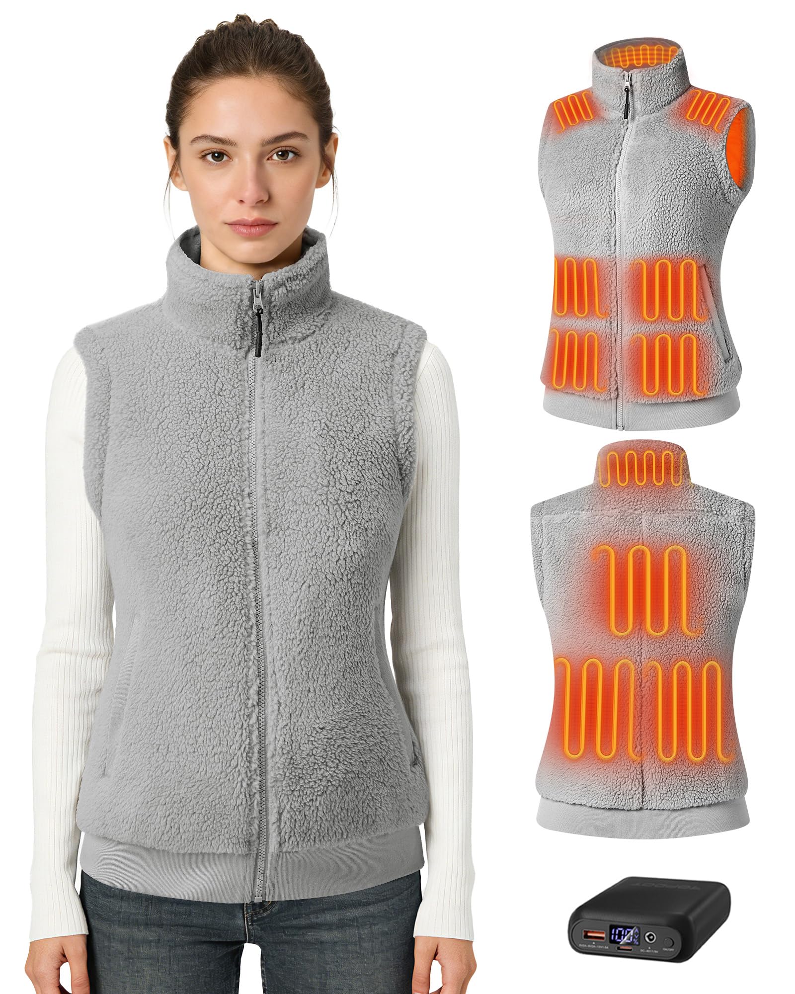 Topdot Lana Chaleco Calefactable Mujer, Chaleco Térmico con Batería de 7.4V 16000mAh,10 Zonas de Calentamiento con 3 Temperaturas,Forro Polar Chaleco Calefactable Eléctrico Ligero
