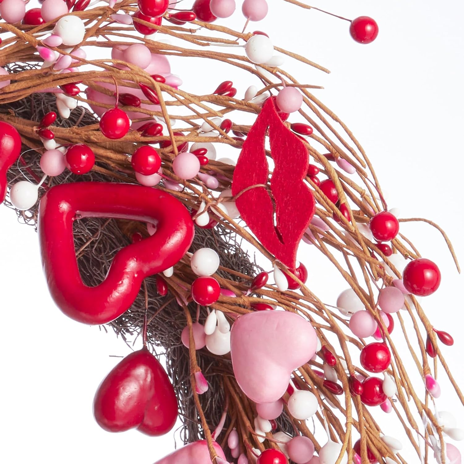 WDS WONDROUS 18.8 Inch Valentine's Day Wreath, Heart and Lip Decor with Red Pink Berries for Front Door, Wedding, Party Decorations - Image 7