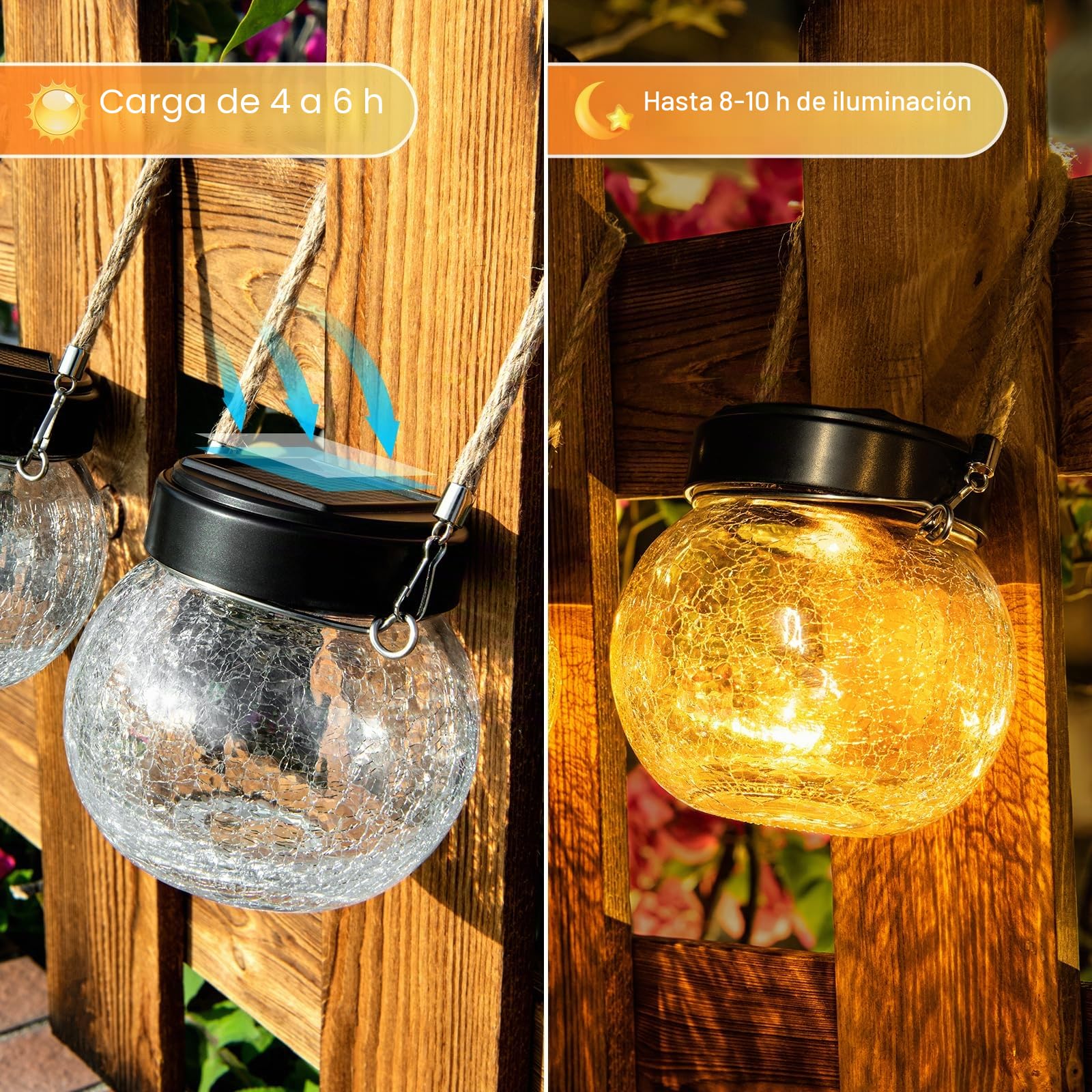 Auting Pack 2 Farolillos Solares Exterior Cristal Craquelado IP65 RGB | Dos efectos de iluminación para crear diferentes ambientes. Perfectos para árboles, balcones y zonas de reunión