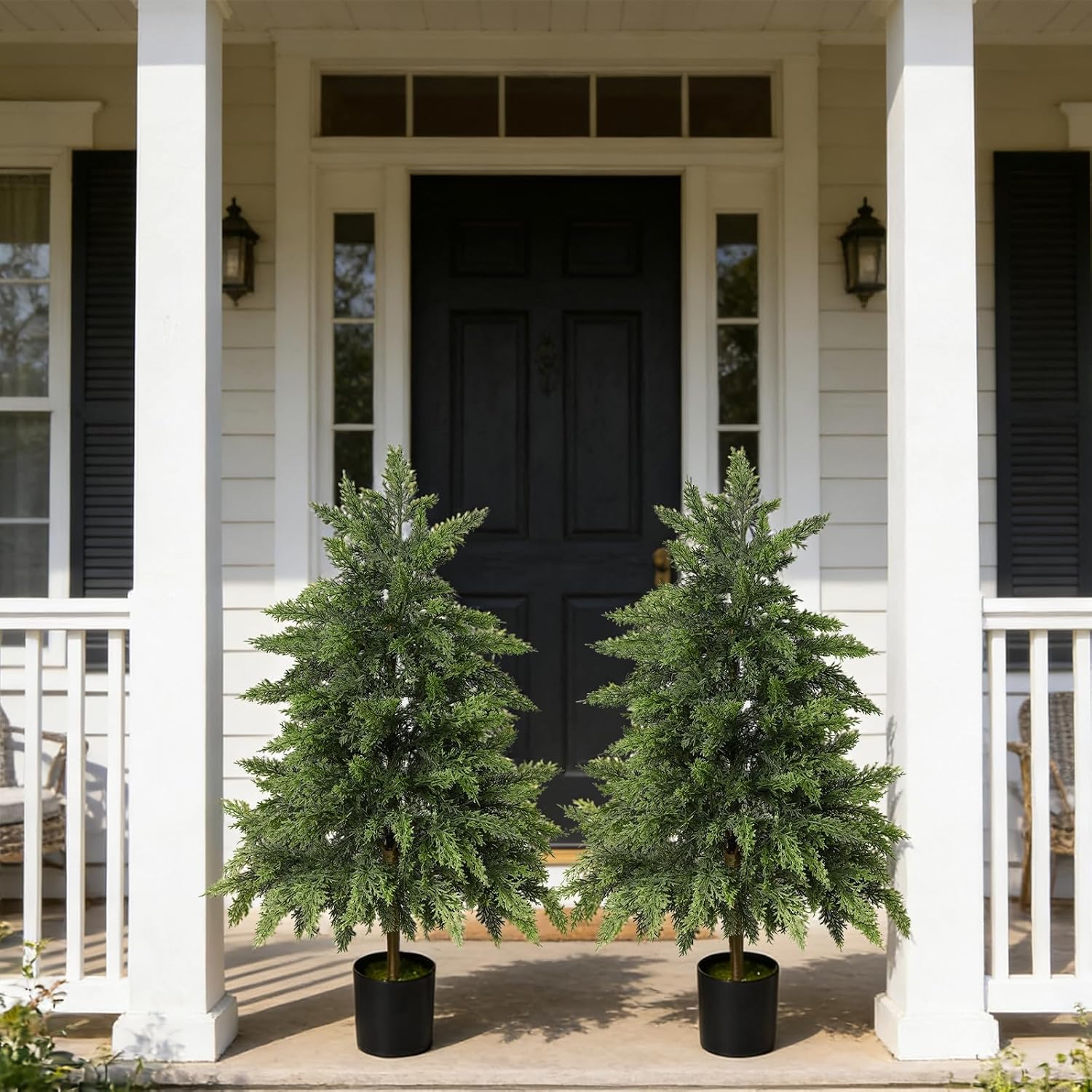 Real Touch Artificial Cedar Topiary Trees, 2 Sets of Realistic Potted UV Resistant Fake Plants for Front Porch for Outdoor & Indoor Front Porch, Garden, Patio, and Farmhouse Decor (3FT)