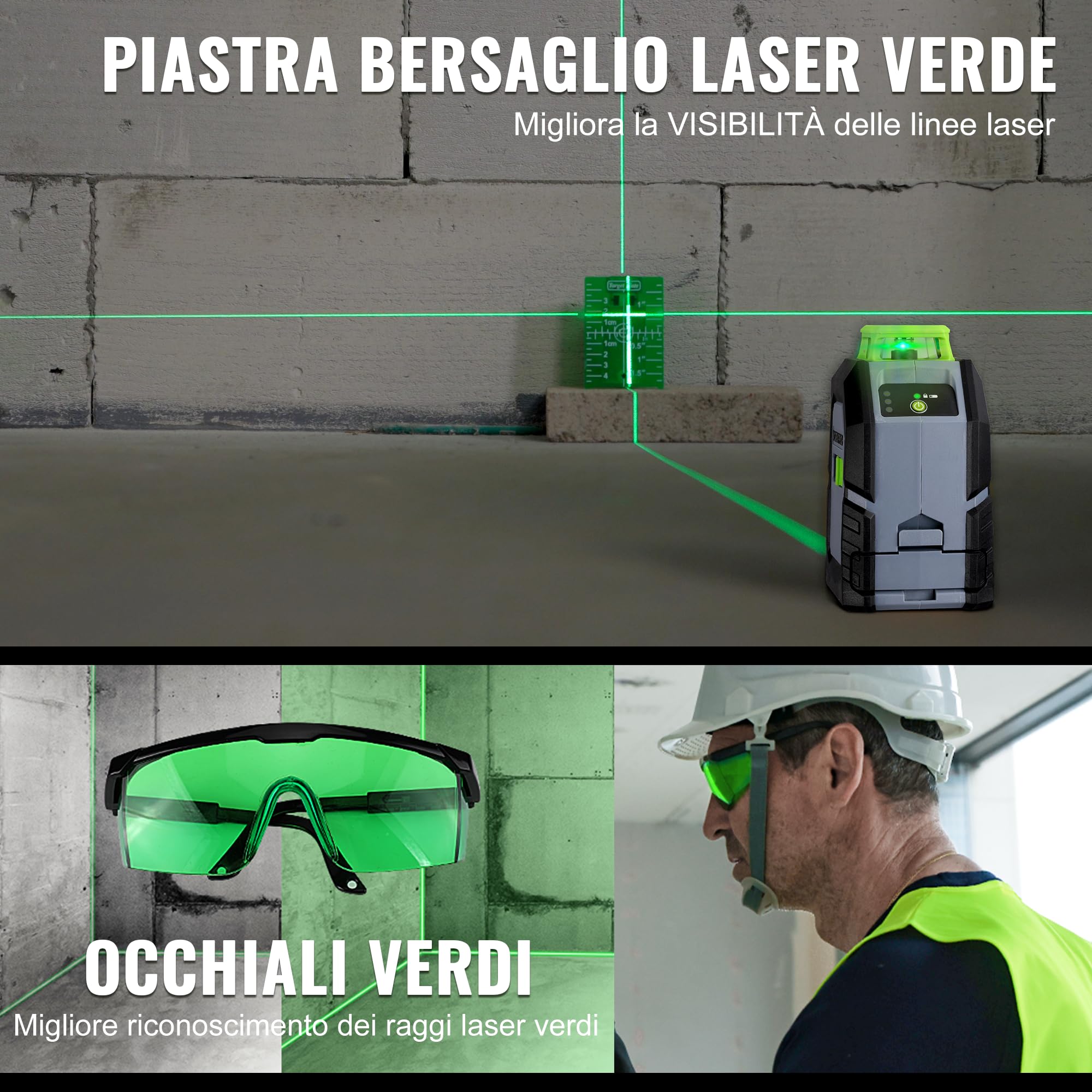 WORKPRO livella laser autolivellante 360°Con treppiede, 30M livello laser con linee verdi orizzontali a 360° e vertical, Piastra obiettivo, occhiali verdi per la costruzione di piastrelle a soffitto