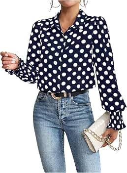 WDIRARA Women's Polka Dots Button Down Shirt Ruffle Bishop Long