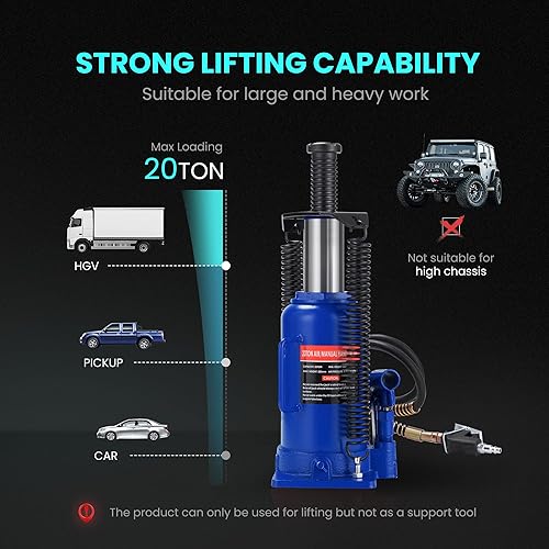 Miniatura 4 de SPECSTAR Gato hidráulico neumático de la botella del aire con la bomba manual 20 toneladas Heavy Duty Auto Truck Travel Trailer Repair Lift Blue