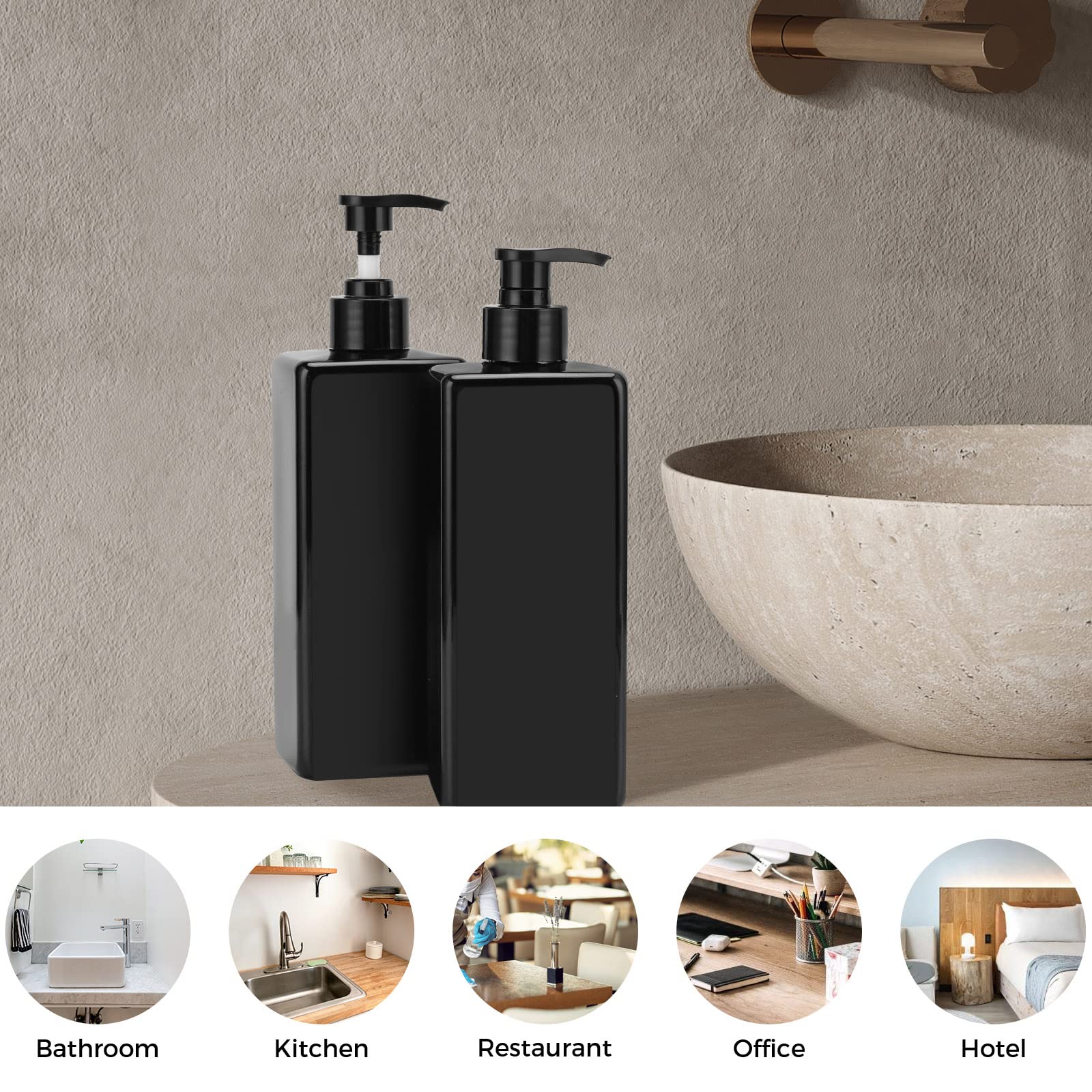 Suream Shampoo- und Conditioner-Spender-Set, 3 Stück, 479 ml, Badezimmer-Seifenflasche mit 4 Etiketten, nachfüllbarer Spender aus Kunststoff mit Pumpe für Küche, Büro, Reisen, Restaurant, schwarz