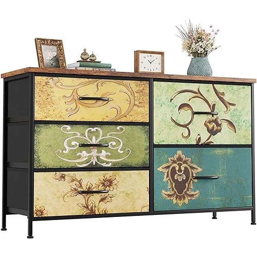Nicehill 5 Drawers Dresser for Bedroom,Wide Chest of Drawers for Closet, Clothes, TV Stand with Storage Drawers, Wood Board, Fabric Drawers,Floral Painted