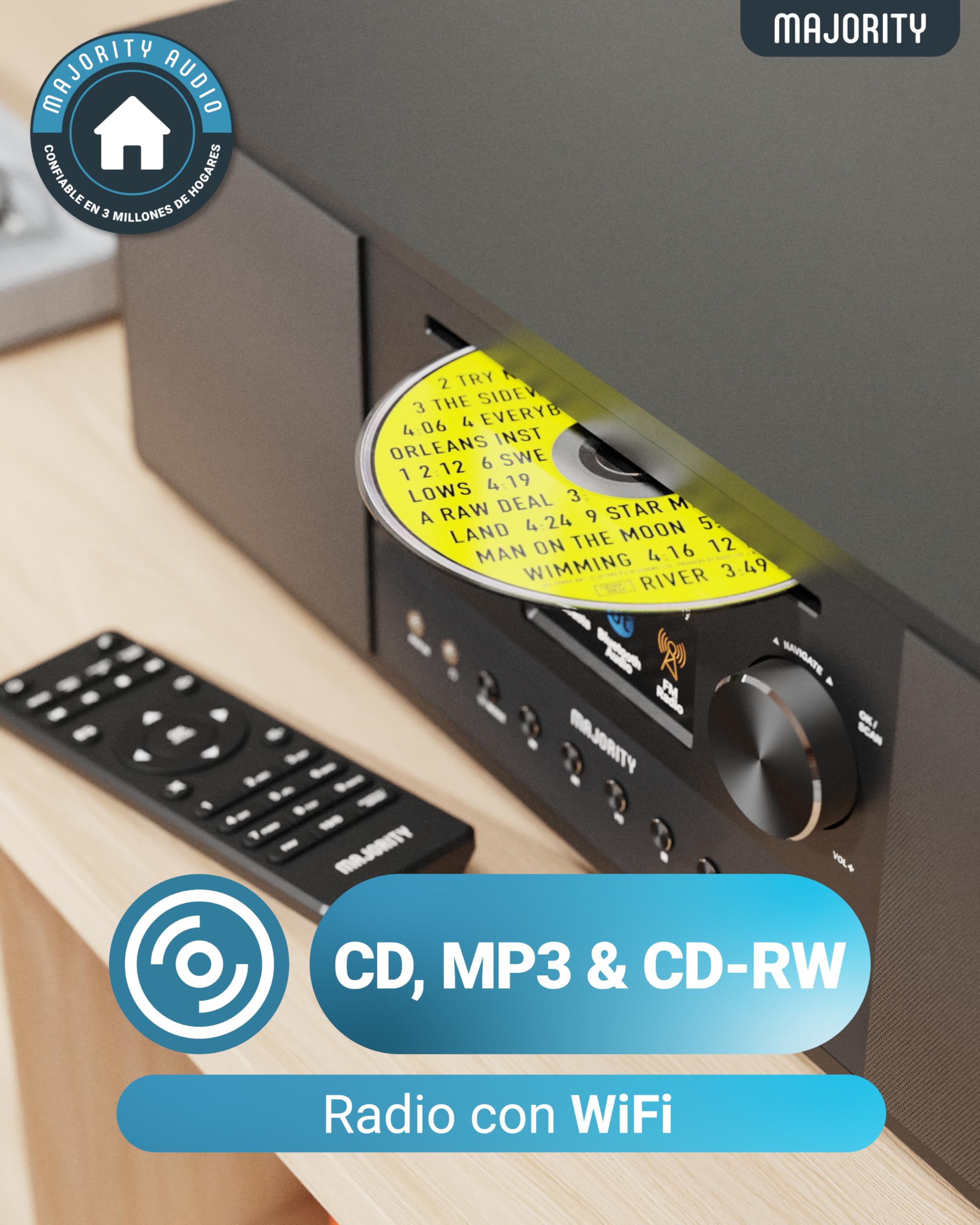 Radio Internet con CD Player | Radio Internet WiFi con Bluetooth | Radio WiFi Dab+ y FM | 120W 2.1 Internet Radio con Subwoofer Incorporado | Spotify Connect y Podcasts | MAJORITY Quadriga