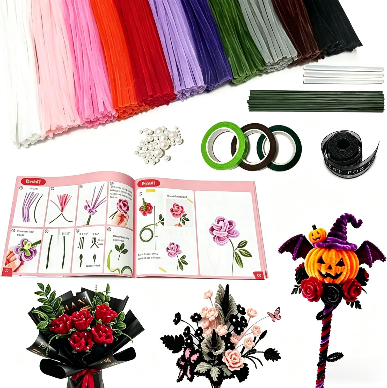550pcs Pipe Cleaners Craft Kit, Pipe Cleaners Bulk Flower Kit in 11 Colors with Chenille Stems, Pearls, Stamens, Poles, Ribbon, Tape and User Manual for Flower Making, Art and Craft Supplies(Light)