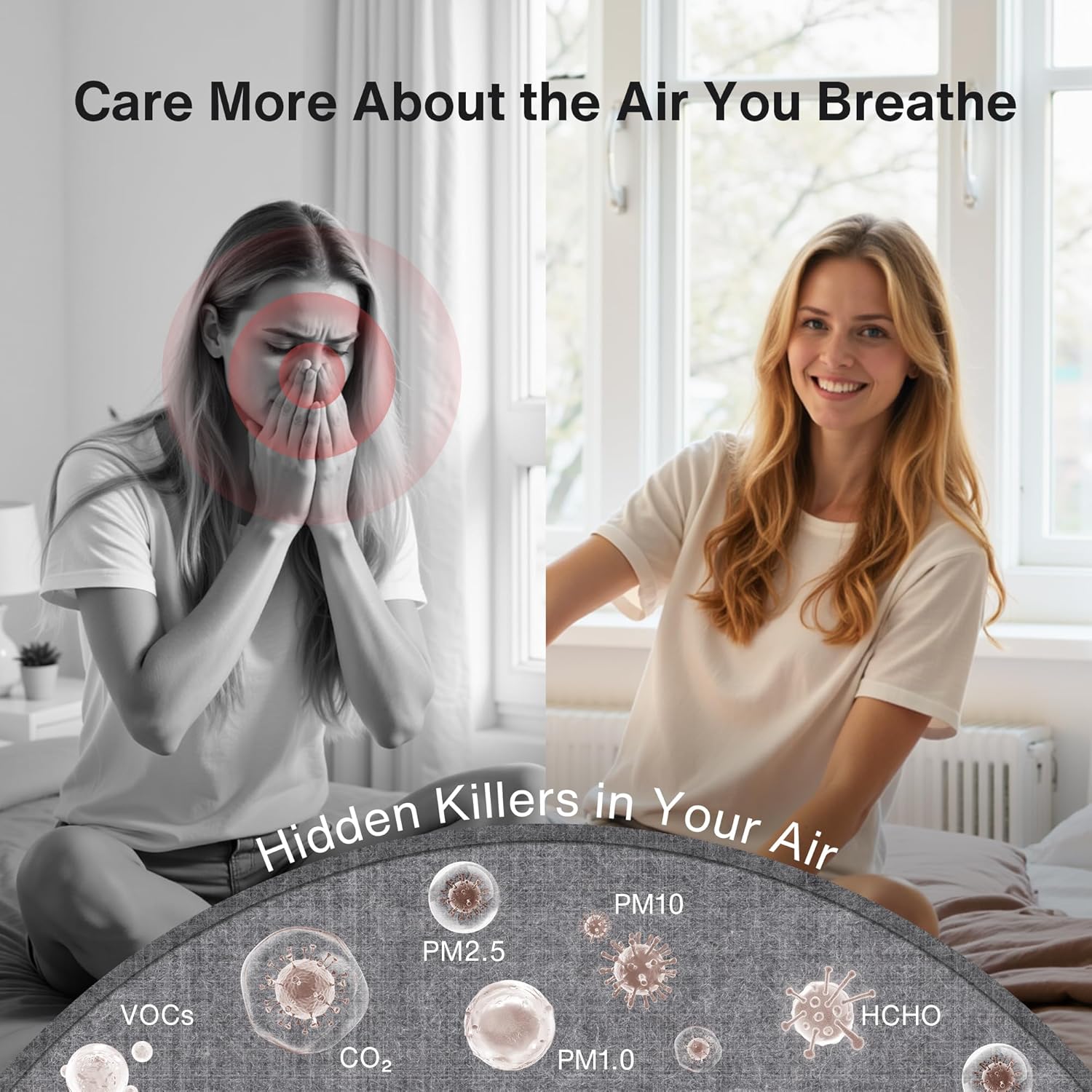 Diagram showing various air pollutants like VOCs, CO2, PM2.5, PM1.0, PM10, HCHO