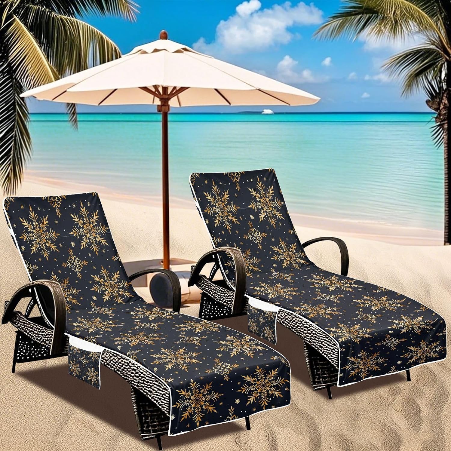 Snowflake Hexagon Pattern Gold Black Patio Chaise Lounge Chair Cover Microfiber Soft Patio Furniture Covers with Pockets for Outdoor Sunbathing Trips, 85" X 30"