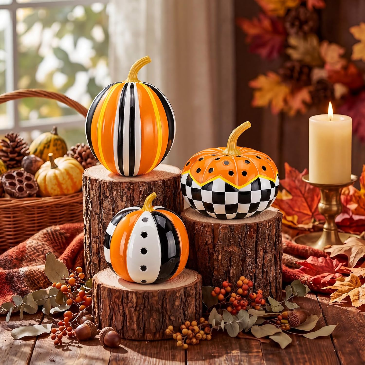 Vicenpal 3 Pcs Fall Decorative Pumpkins for Table Centerpieces Modern Color Block Checkered Pumpkin Autumn Halloween Farmhouse Home Decor, Resin