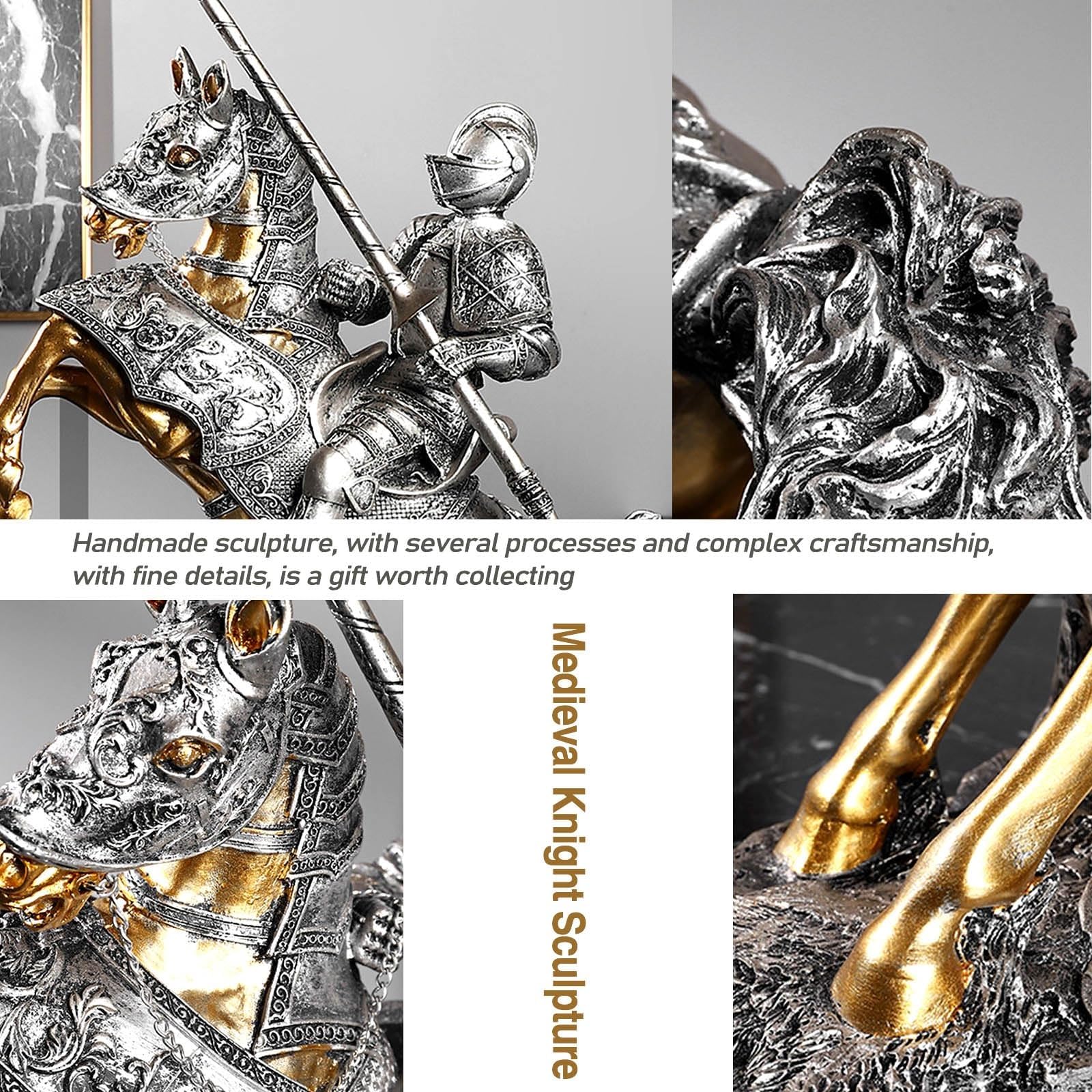 dekoracja biurka artystyczna statuetka rzeźba - rycerz brązowy posąg konia bojowego, 42 cm kolekcja legendarna średniowieczna rzeźba rycerza, szermierz strażnik wojownik wojownik F