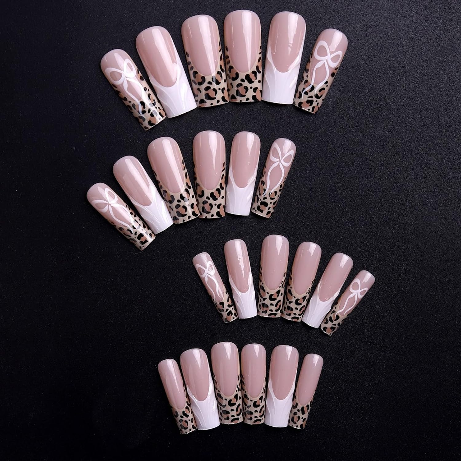 Long Square Press on Nails Leopard Print French Tip Fake Nails White 3D Embossed False Nails with Bow Designs Gloss Acrylic Stick on Nail Cute Reusable Glue on Nail for Women Girls 24Pcs image 4