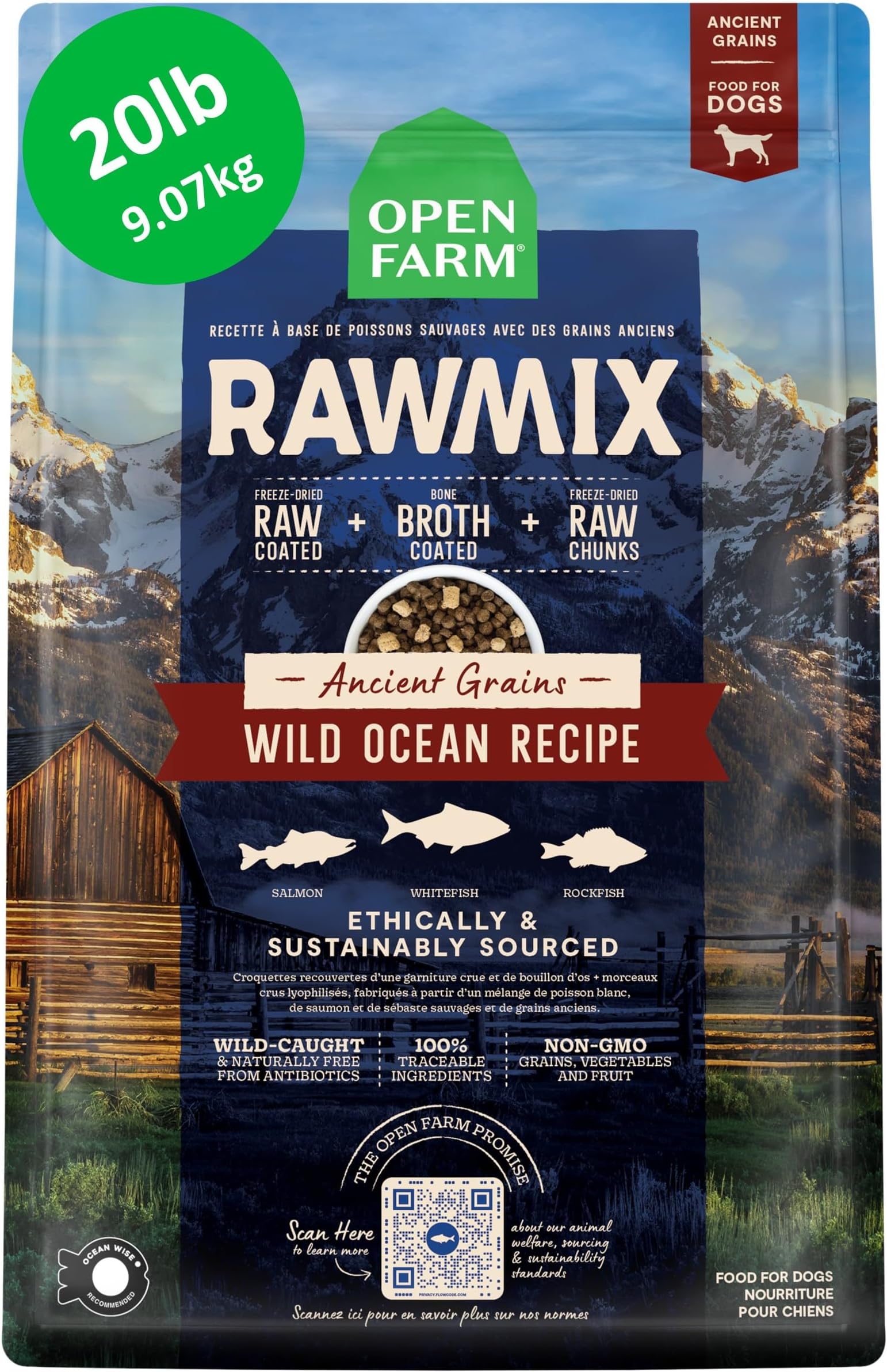 RawMix Dry Dog Food with Ancient Grains, Protein-Packed Kibble Coated in Bone Broth with Freeze Dried Raw Chunks, Salmon Whitefish & Rockfish, Wild Ocean Recipe, 20lb Bag