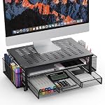 Riser de support de moniteur métallique avec trous de dissipation de chaleur, 2-Tier Support d'organisateur de bureau avec tiroir & Supports de stylo pour ordinateur portable, iMac, PC (Noir)
