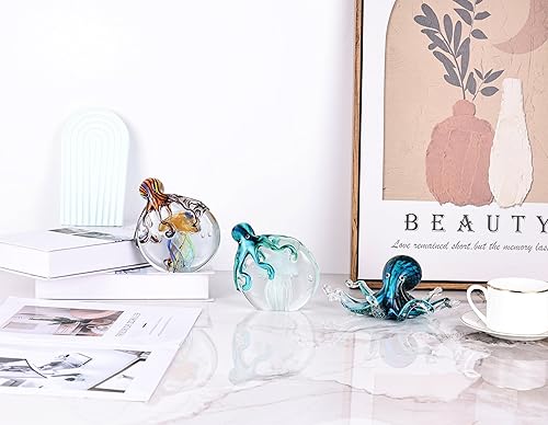Miniatura 6 de WUBIANJIE Estatuas de cristal soplado a mano de pulpo y medusa, esculturas coloridas de animales marinos, pisapapeles para decoración del hogar,