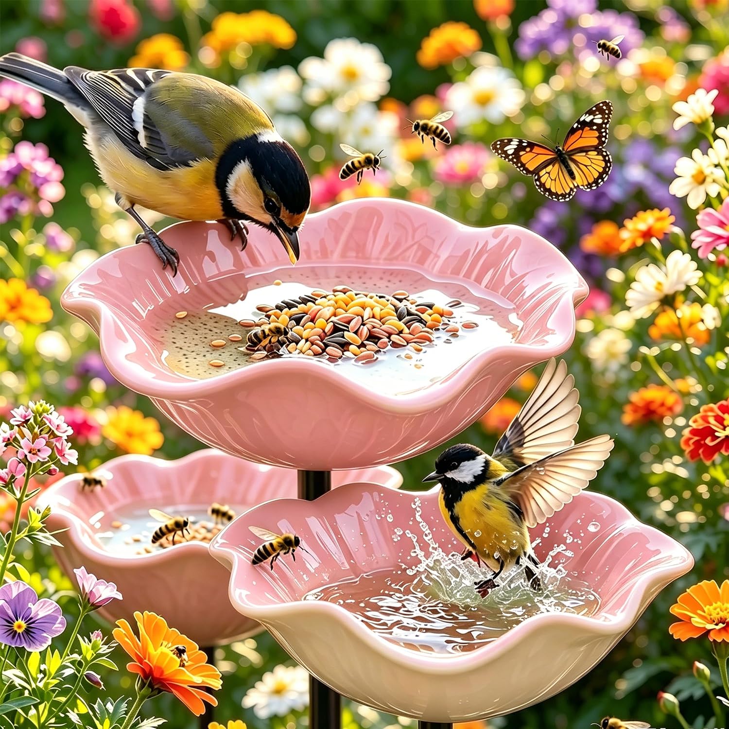 Vogeltränke Blume, Bienentränke Keramik Blume, Handgemachte BienenblütenKeramik – Winterfeste Vogeltränke & Futterstation für Garten,DekorativeKeramik für Bienen & Schmetterlinge (3*Rosa,15cm)