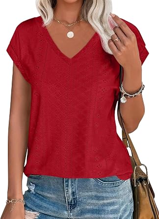 Imily Bela Womens V Neck T-Shirt Summer Cap Sleeve Dressy Casual Tops Eyelet Embroidered Fashion Tees