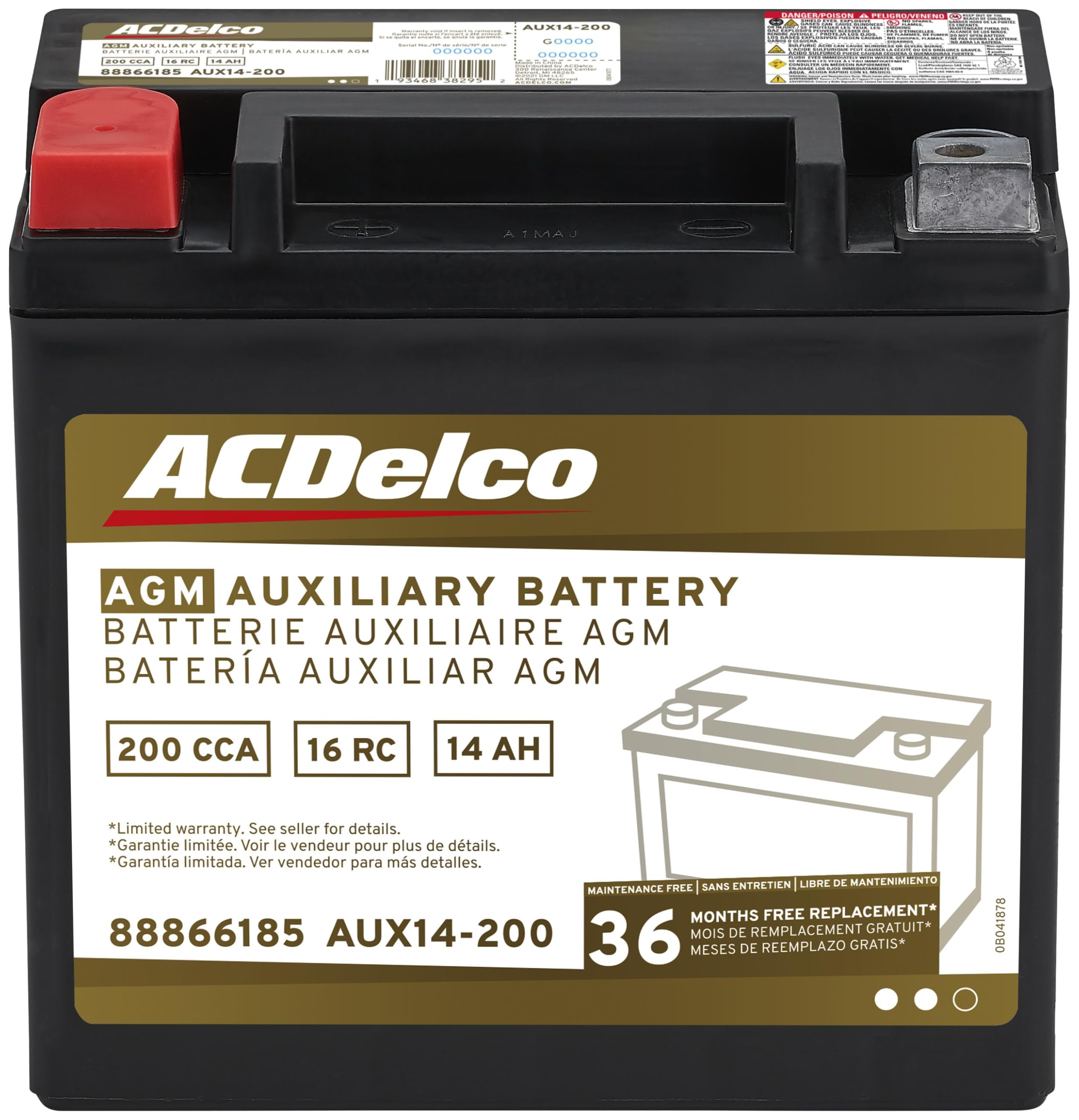 ACDelco Gold AUX14-200 (88866185) 36 Month Warranty Auxiliary AGM 200 CCA Battery