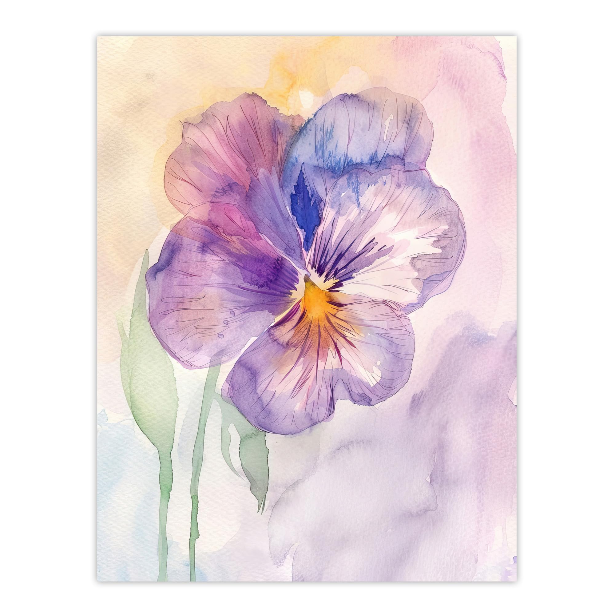 Artery8 Single Pansy Modern Watercolour Purple Floral Living Room Unframed Wall Art Print Poster Home Decor Premium