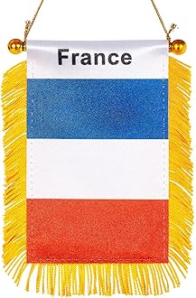 WXTWK3 X 5 Inch France Flag French Window Hanging Flag Small Mini Car Flags Banners Rearview Mirror Decoration With Suction Cup Golden Fringy Banner