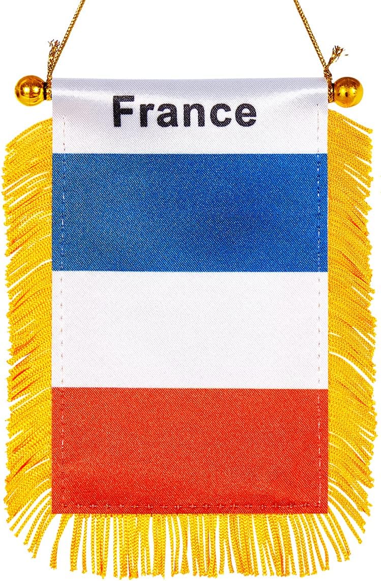WXTWK 3 X 5 Inch France Flag French Window Hanging Flag Small Mini Car Flags Banners Rearview Mirror Decoration With Suction Cup Golden Fringy Banner