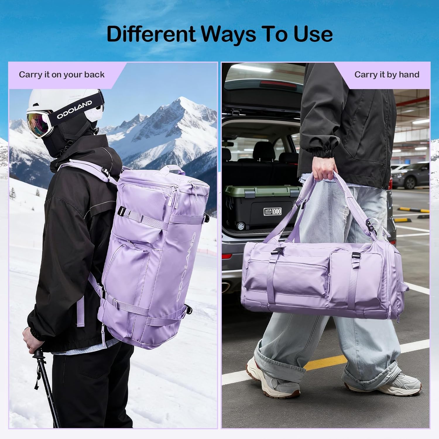 Odoland 65L Ski Boot Bag Backpack, Waterproof Snowboard Boot Bag with Detachable 20L Shoe Bag, PU Material Ski Backpack for Helmet, Goggles, Gloves, Pants, Jacket & Snowboard Gear - for Men ＆ Women
